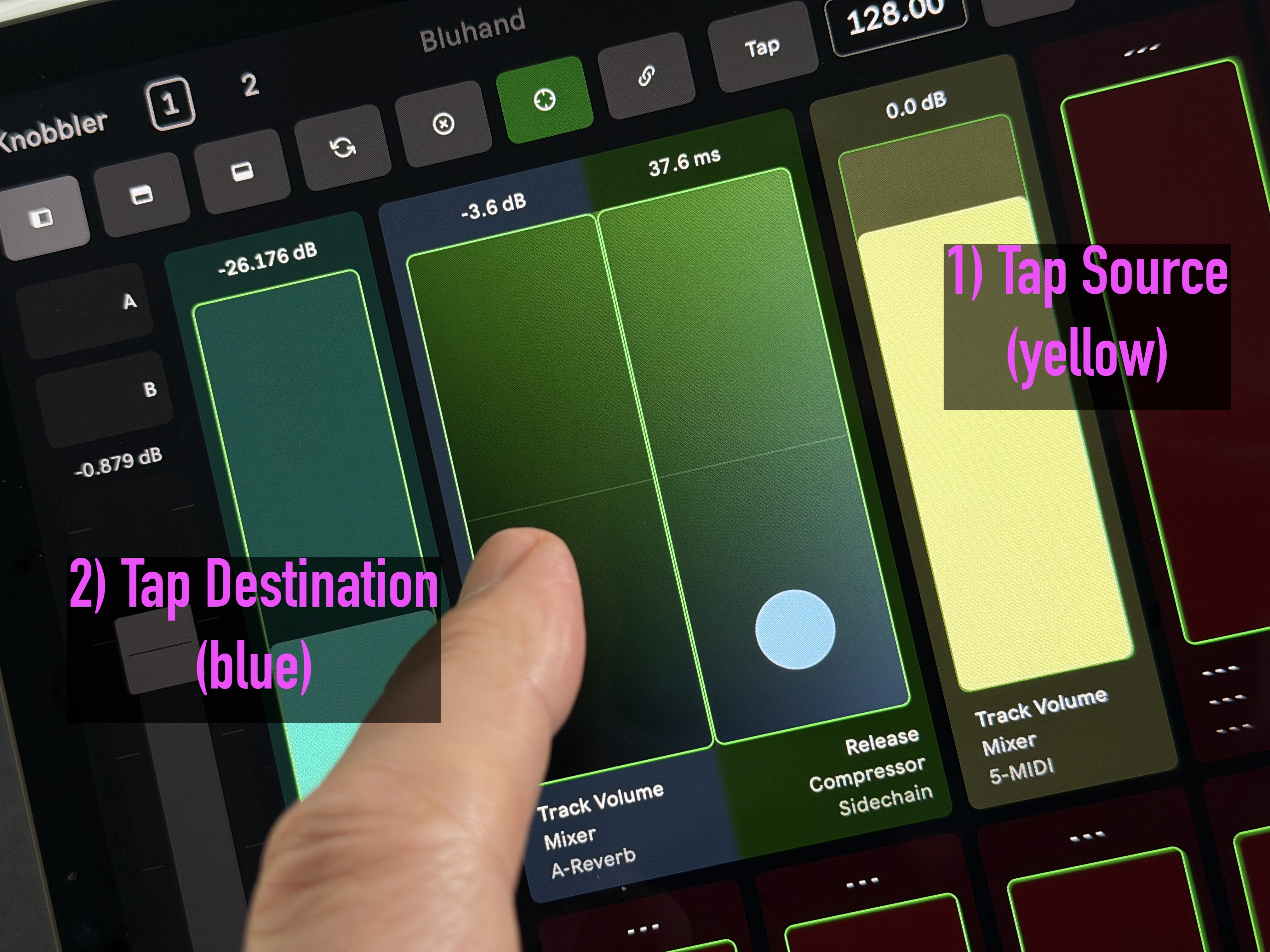 Tapping a source then a destination slider