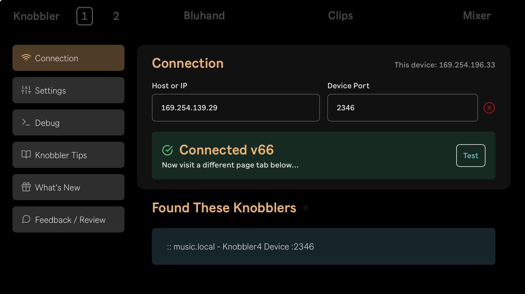 The Knobbler app's Connection page set up correctly, showing the Connected banner