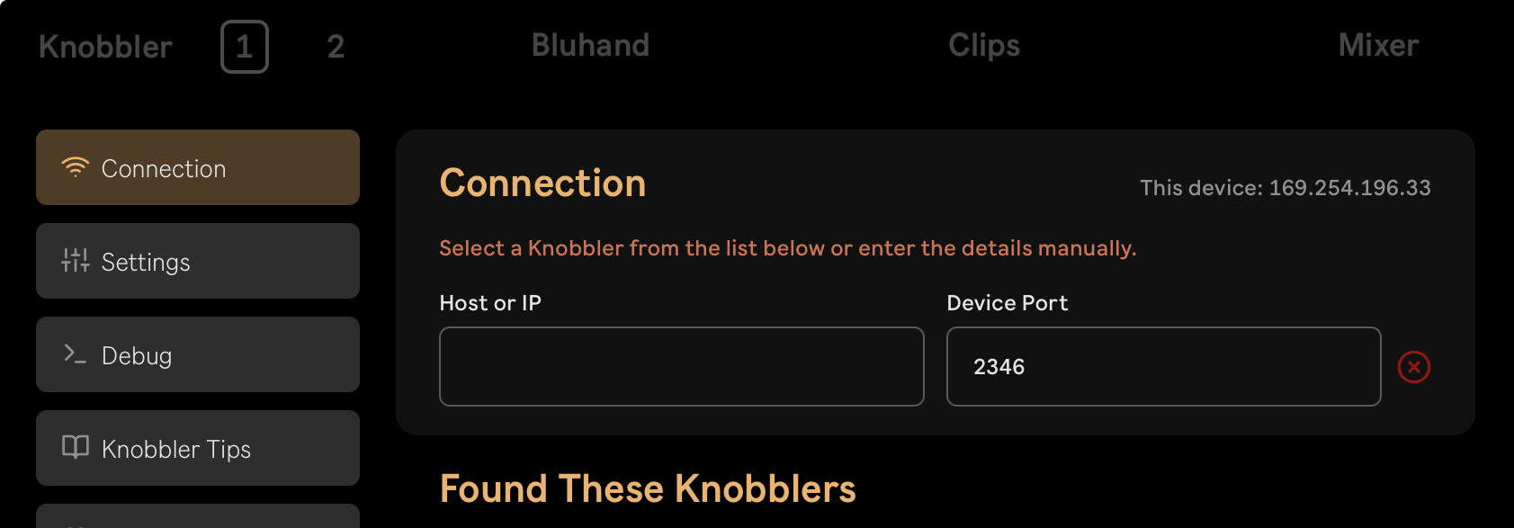 The Knobbler app's Connection page showing its 169.254 address