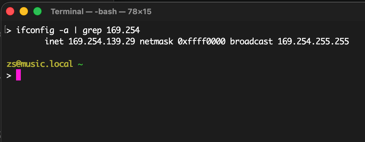 Terminal showing the ifconfig command and the Mac's 169.254 address